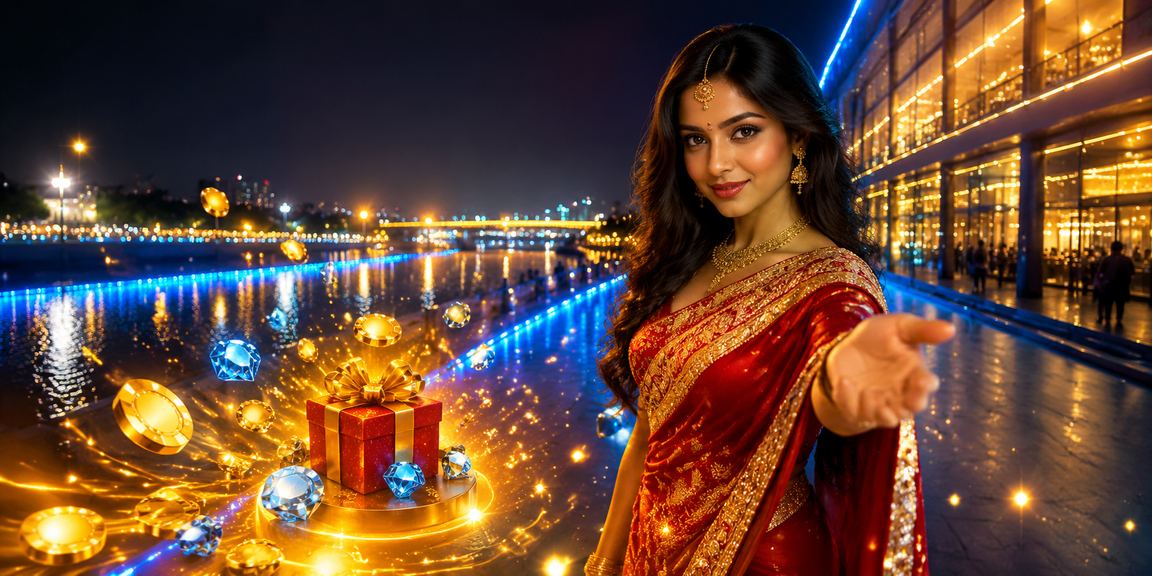 Evening lottery and casino gaming at Ahmedabad riverfront with traditional attire